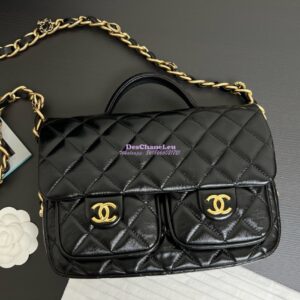 Replica Chanel 24A Double Pocket Messenger Bag in Shiny Lambskin AS4993 Limited Edition Black 2