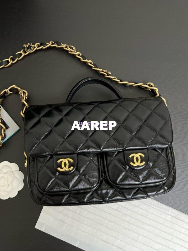 Replica Chanel 24A Double Pocket Messenger Bag in Shiny Lambskin AS4993 Limited Edition Black 2
