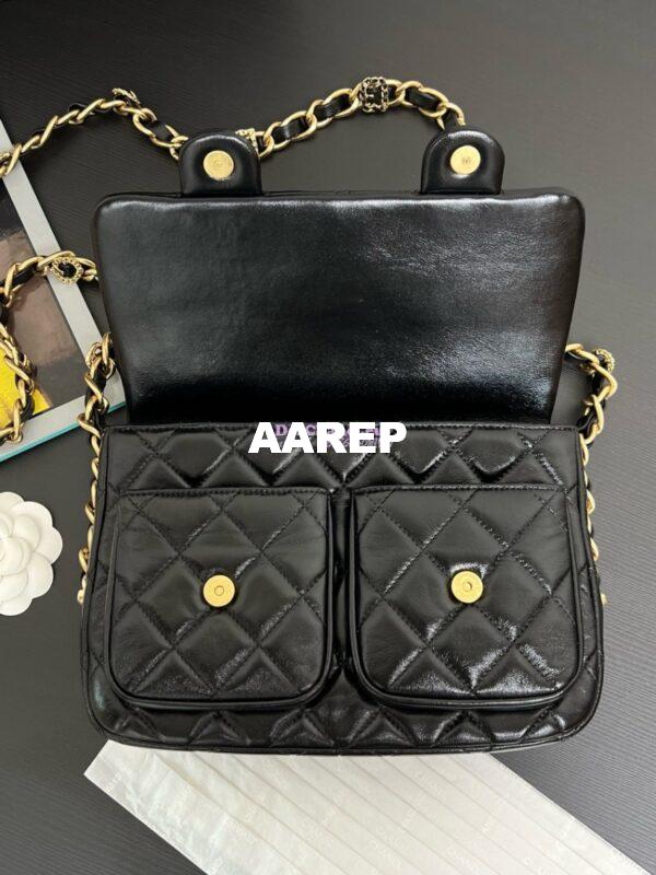 Replica Chanel 24A Double Pocket Messenger Bag in Shiny Lambskin AS4993 Limited Edition Black 3