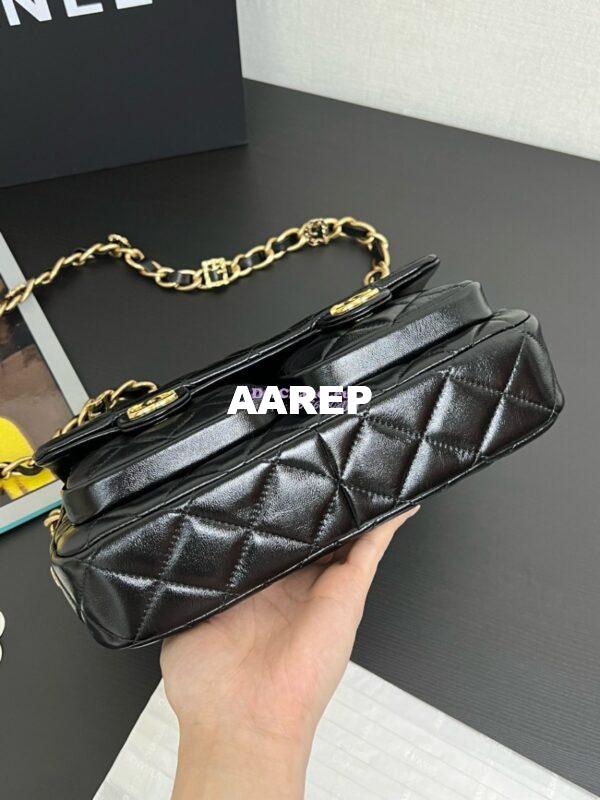 Replica Chanel 24A Double Pocket Messenger Bag in Shiny Lambskin AS4993 Limited Edition Black 4