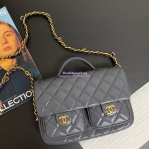 Replica Chanel 24A Double Pocket Messenger Bag in Shiny Lambskin AS4993 Limited Edition Grey