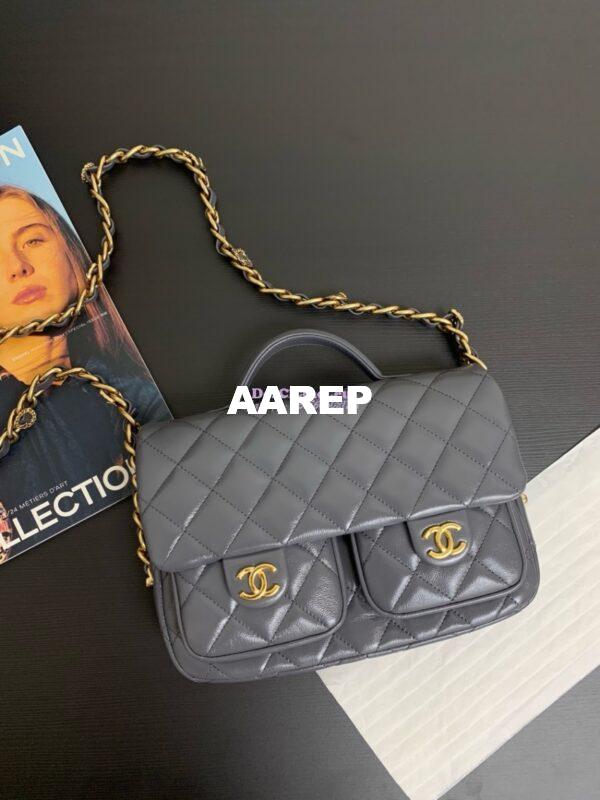 Replica Chanel 24A Double Pocket Messenger Bag in Shiny Lambskin AS4993 Limited Edition Grey