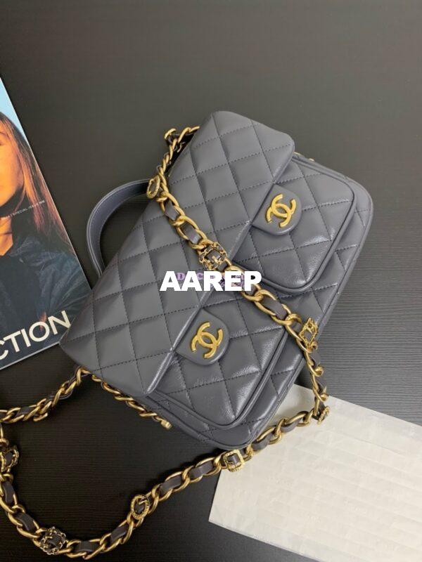 Replica Chanel 24A Double Pocket Messenger Bag in Shiny Lambskin AS4993 Limited Edition Grey 2