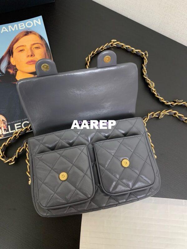 Replica Chanel 24A Double Pocket Messenger Bag in Shiny Lambskin AS4993 Limited Edition Grey 5