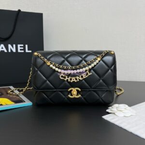 Replica Chanel Small Flap Bag Shiny Lambskin, Imitation Pearls AS5011 Black