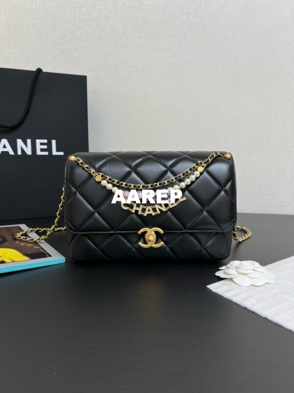 Replica Chanel Small Flap Bag Shiny Lambskin, Imitation Pearls AS5011 Black 3