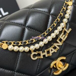 Replica Chanel Small Flap Bag Shiny Lambskin, Imitation Pearls AS5011 Black 2