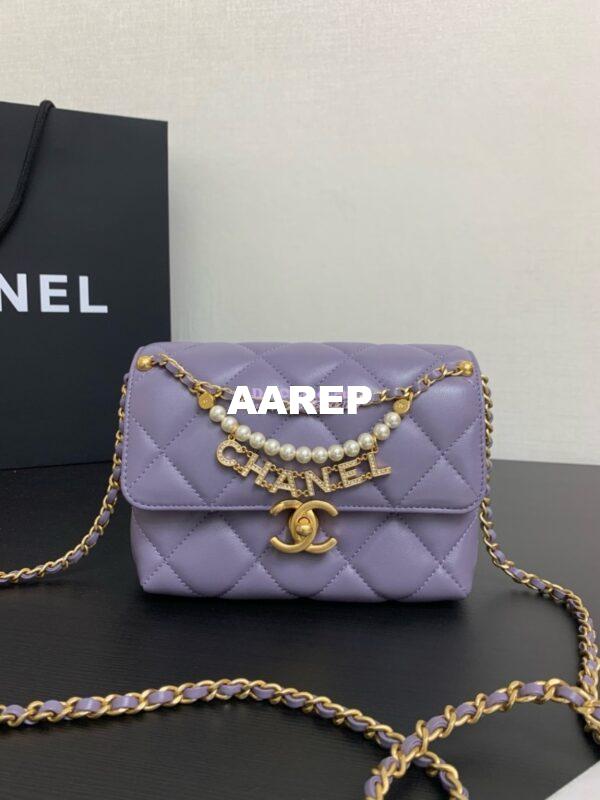Replica Chanel Small Flap Bag Shiny Lambskin, Imitation Pearls AS5011 Light Purple 2