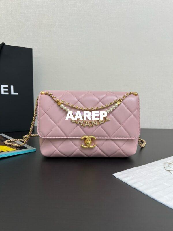 Replica Chanel Small Flap Bag Shiny Lambskin, Imitation Pearls AS5011 Light Pink