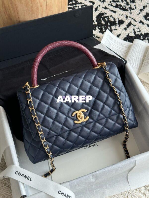 Replica Chanel Coco Grained Calfskin Flap Bag with Lizard Tote 92991 Navy Blue 3