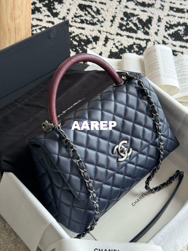 Replica Chanel Coco Grained Calfskin Flap Bag with Lizard Tote 92991 Navy Blue 12