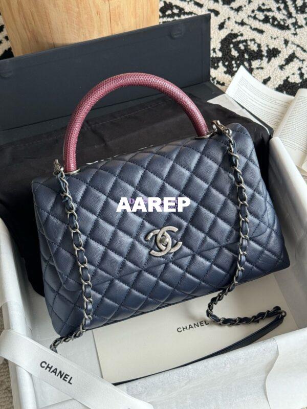 Replica Chanel Coco Grained Calfskin Flap Bag with Lizard Tote 92991 Navy Blue 13