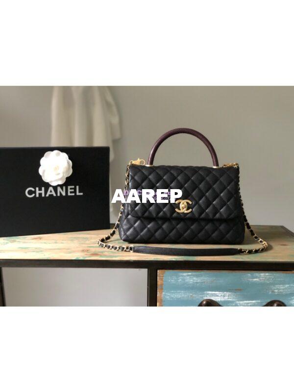 Replica Chanel Coco Grained Calfskin Flap Bag with Lizard Tote 92991 Black 4