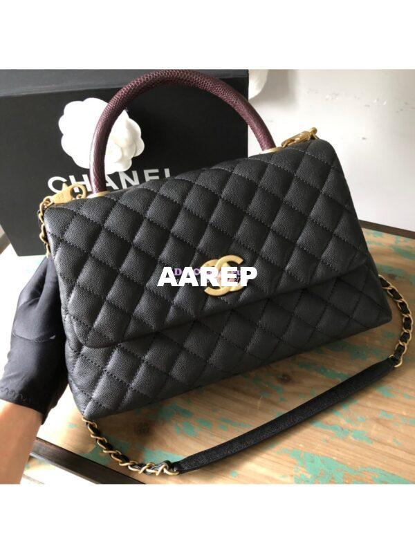 Replica Chanel Coco Grained Calfskin Flap Bag with Lizard Tote 92991 Black 6