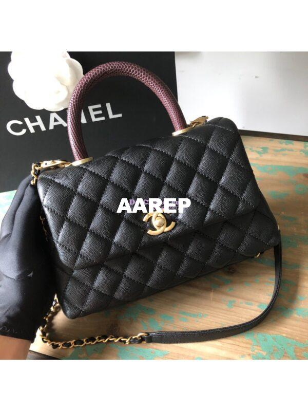 Replica Chanel Coco Grained Calfskin Flap Bag with Lizard Tote 92991 Black 18