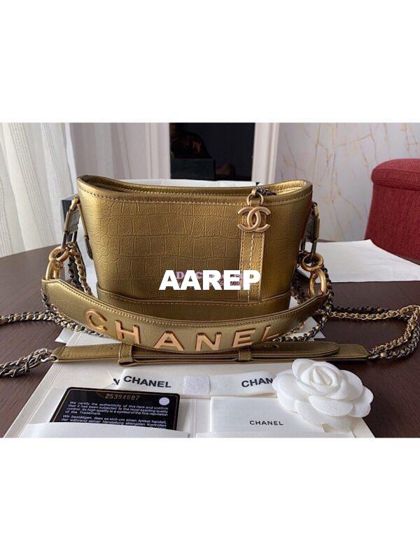 Replica Chanel Gabrielle Hobo Bag in Metallic Crocodile Embossed AS0865 Gold 3