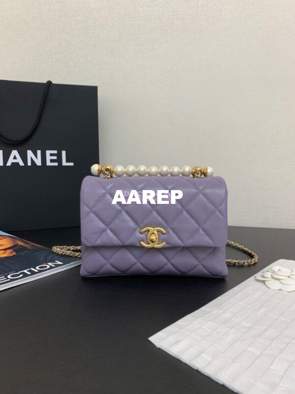 Replica Chanel Mini Flap Bag With Top Handle with Pearls Shiny Lambskin AS5001 Light Purple 3