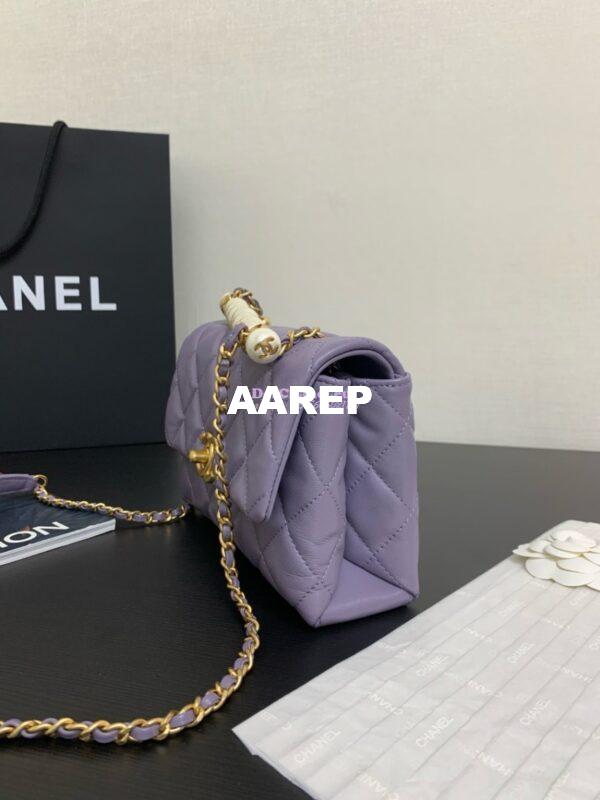 Replica Chanel Mini Flap Bag With Top Handle with Pearls Shiny Lambskin AS5001 Light Purple 5