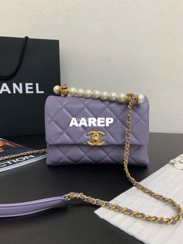 Replica Chanel Mini Flap Bag With Top Handle with Pearls Shiny Lambskin AS5001 Light Purple 6