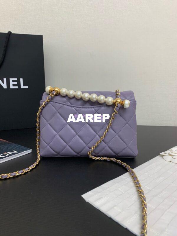 Replica Chanel Mini Flap Bag With Top Handle with Pearls Shiny Lambskin AS5001 Light Purple 10