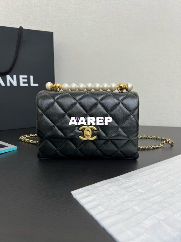 Replica Chanel Mini Flap Bag With Top Handle with Pearls Shiny Lambskin AS5001 Black 3