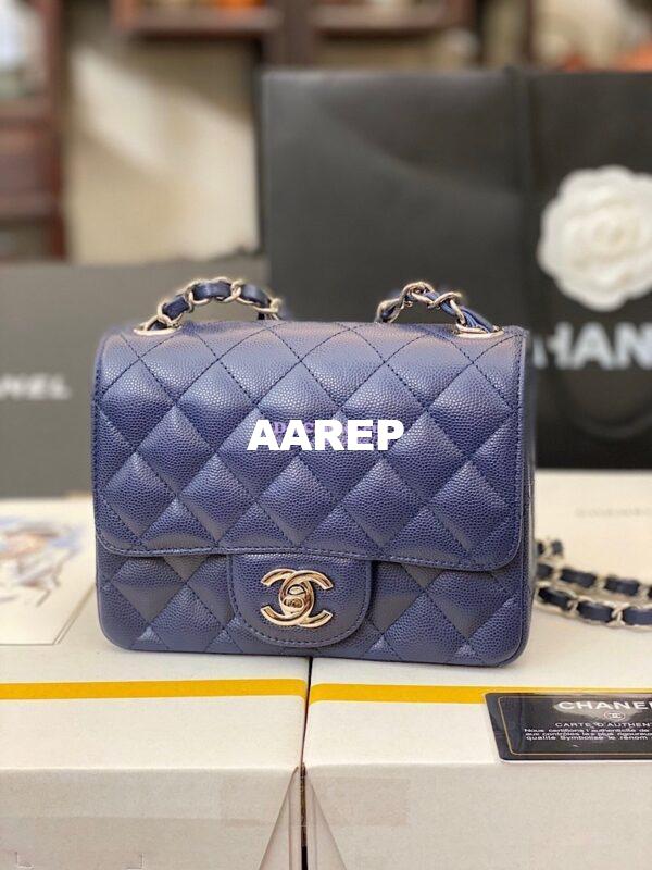 Replica Chanel Quilted Mini Classic Flap Bag Tiny Grainy Caviar with Edge Stitching Navy Blue 4