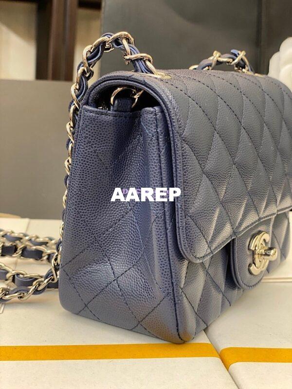 Replica Chanel Quilted Mini Classic Flap Bag Tiny Grainy Caviar with Edge Stitching Navy Blue 6
