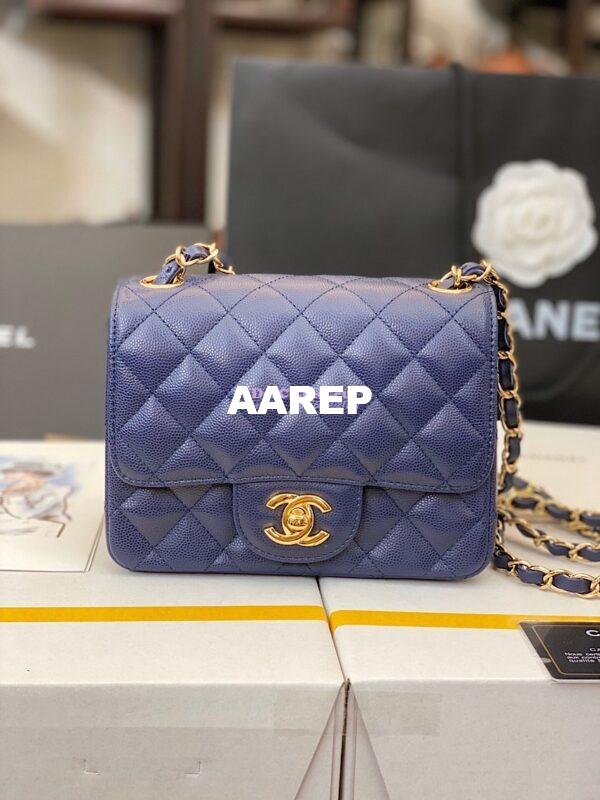 Replica Chanel Quilted Mini Classic Flap Bag Tiny Grainy Caviar with Edge Stitching Navy Blue 10