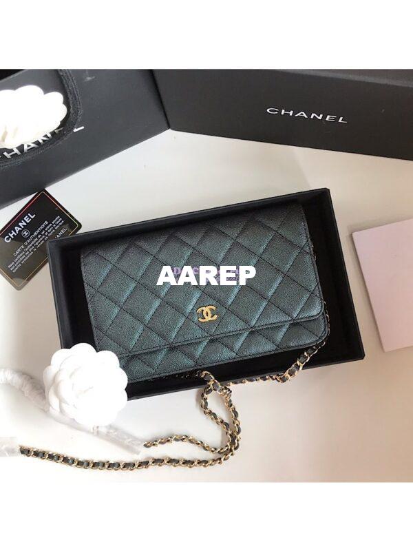 Replica Chanel CC 19s Iridescent Grainy Calfskin Wallet On Chain WOC Bag Black 3