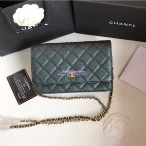 Replica Chanel CC 19s Iridescent Grainy Calfskin Wallet On Chain WOC Bag Black 2