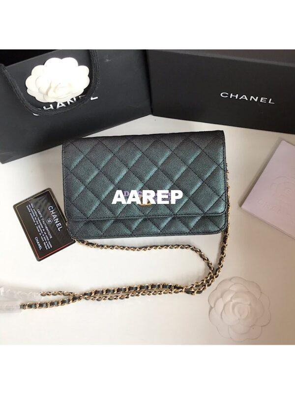 Replica Chanel CC 19s Iridescent Grainy Calfskin Wallet On Chain WOC Bag Black 4