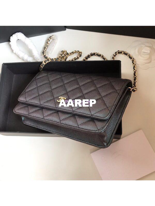 Replica Chanel CC 19s Iridescent Grainy Calfskin Wallet On Chain WOC Bag Black 5