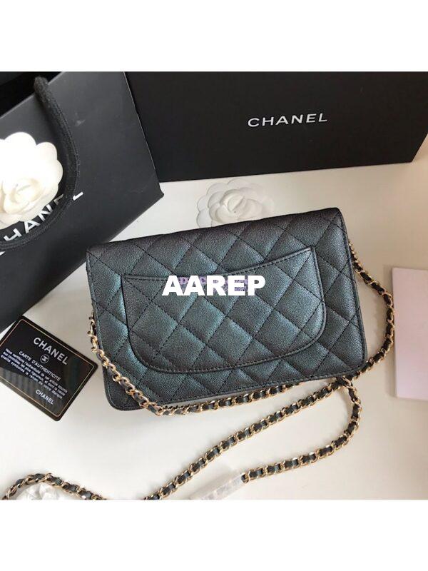 Replica Chanel CC 19s Iridescent Grainy Calfskin Wallet On Chain WOC Bag Black 11