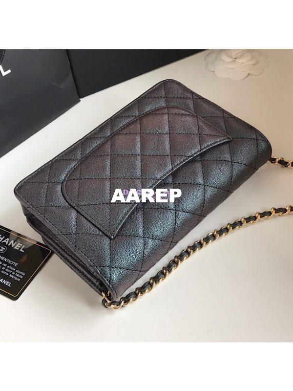Replica Chanel CC 19s Iridescent Grainy Calfskin Wallet On Chain WOC Bag Black 12