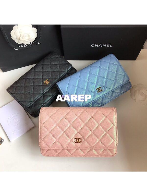 Replica Chanel CC 19s Iridescent Grainy Calfskin Wallet On Chain WOC Bag Black 13