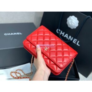 Replica Chanel CC Classic Lambskin Wallet On Chain WOC Red Bag 2