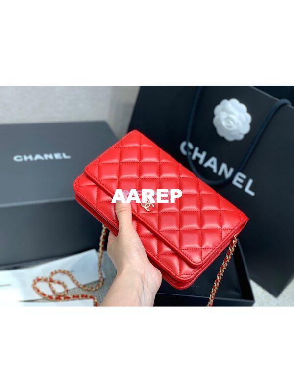 Replica Chanel CC Classic Lambskin Wallet On Chain WOC Red Bag 2