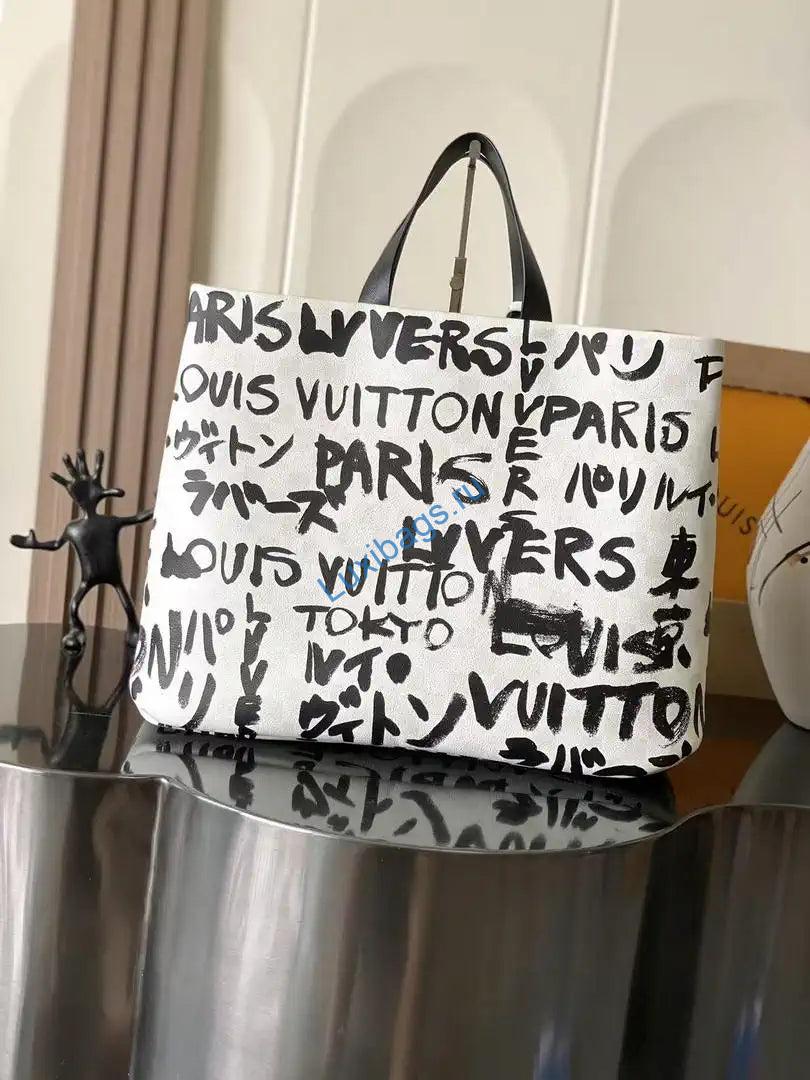 Louis Vuitton Shopper Tote MM Bag LV N40797 Other Leathers White Black - Image 2