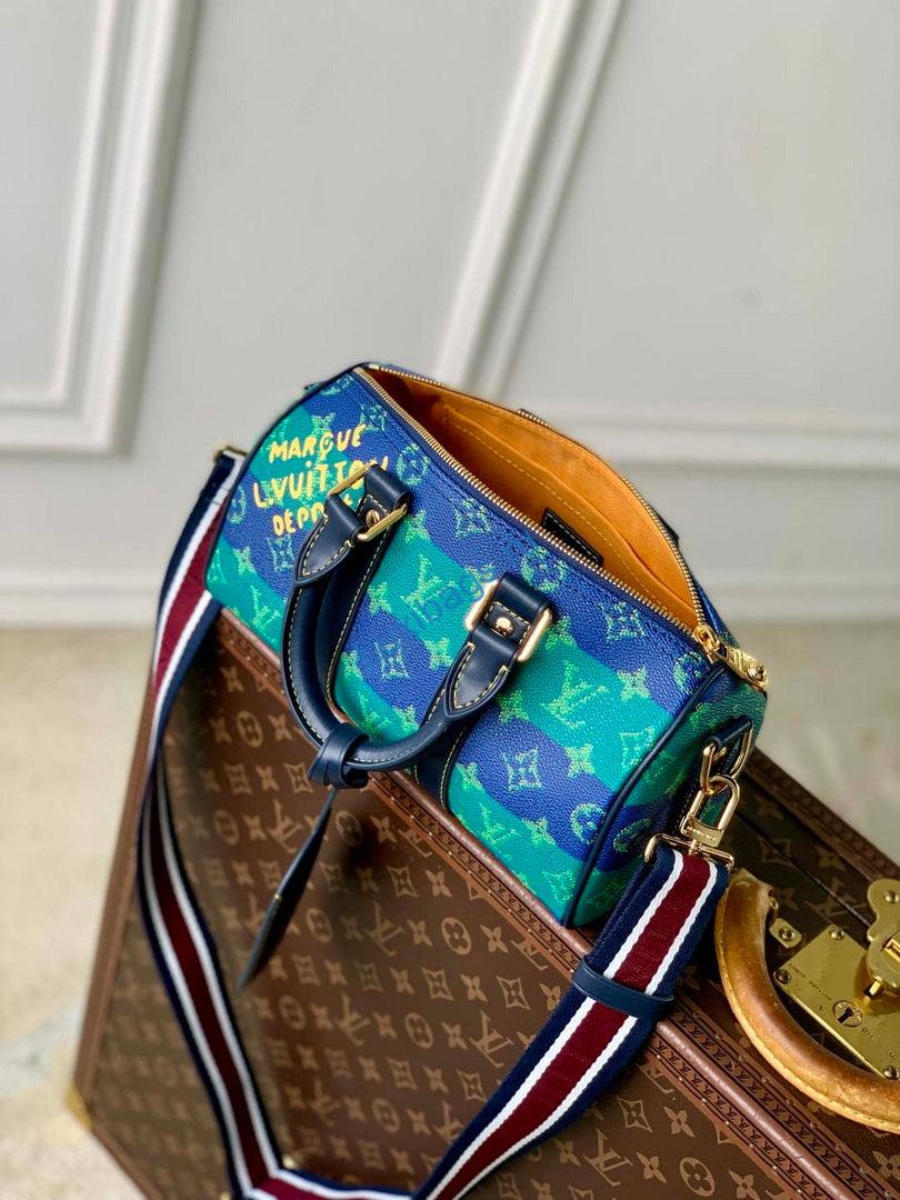 LV M25786 Louis Vuitton Keepall Bandoulière 25 Bag Blue Stripes - Image 8