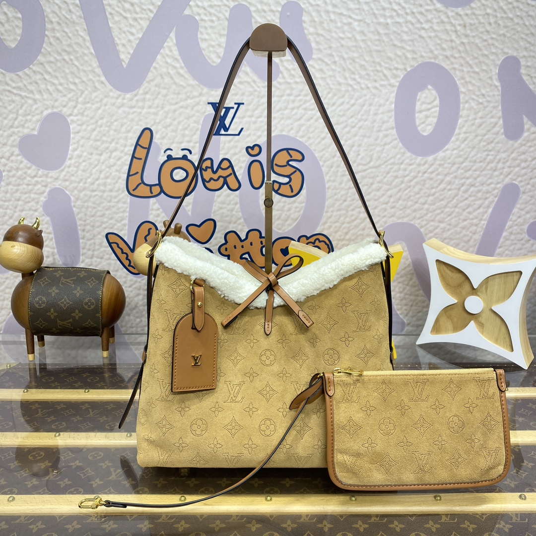 LV M11843 Louis Vuitton CarryAll PM Suede Leather Bag Beige
