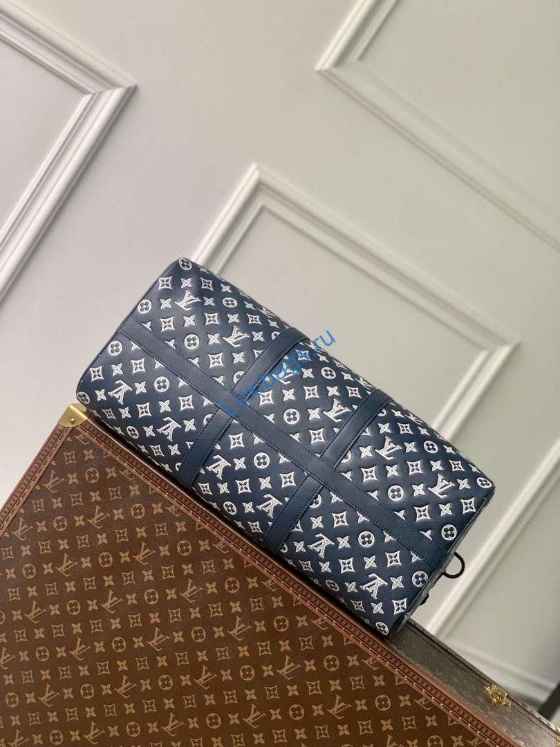 LV M24953 Louis Vuitton Keepall Bandoulière 50 Travel Bag Ink Blue/White - Image 3