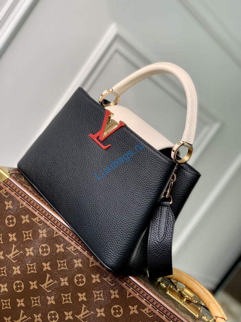 LV M21043 Louis Vuitton Capucines MM Handbag Black / Greige Doux / Scarlet - Image 2