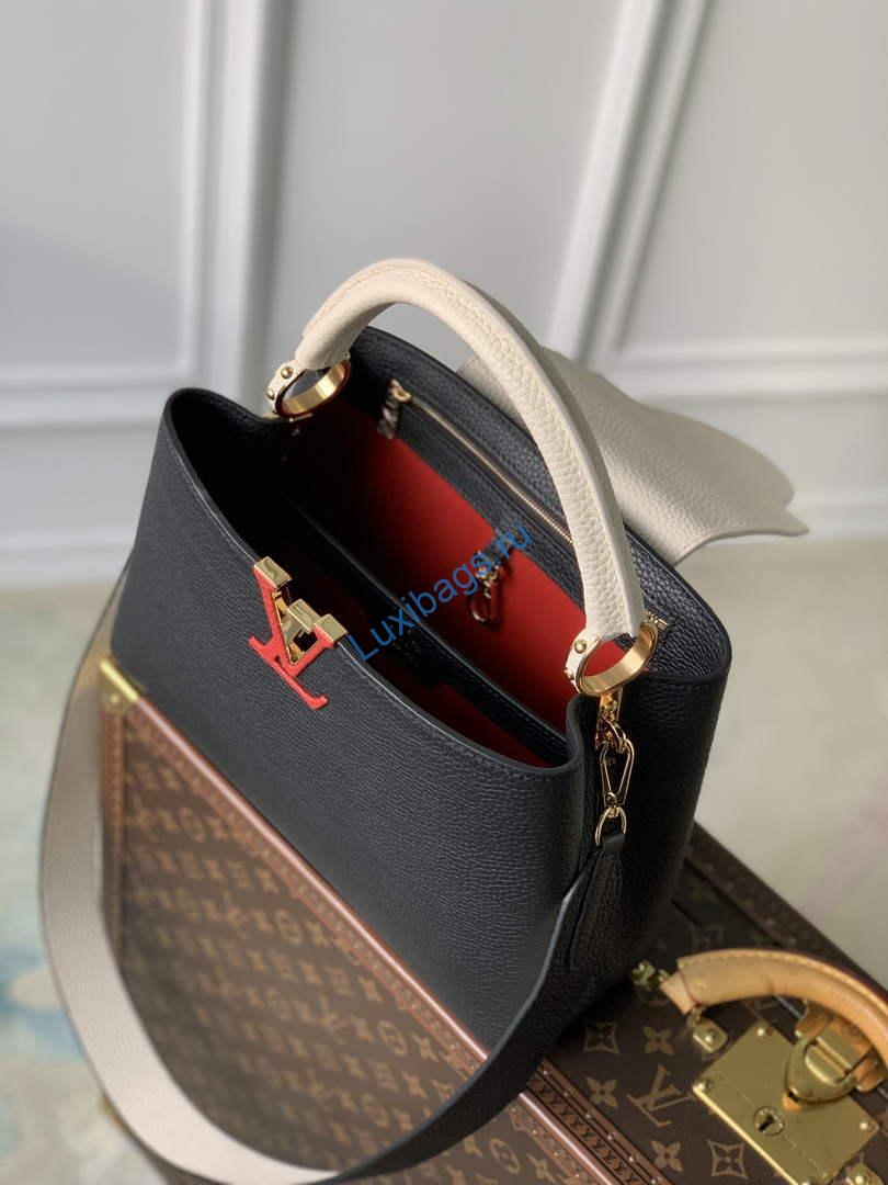 LV M21043 Louis Vuitton Capucines MM Handbag Black / Greige Doux / Scarlet - Image 7