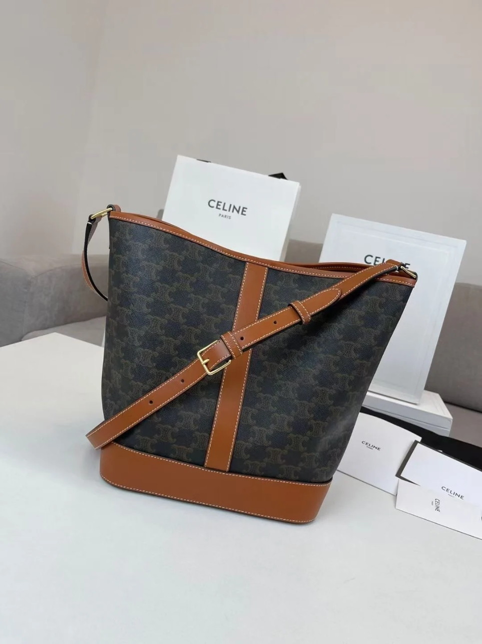 Celine Medium Bucket Bag In Triomphe Canvas and Calfskin - Image 4
