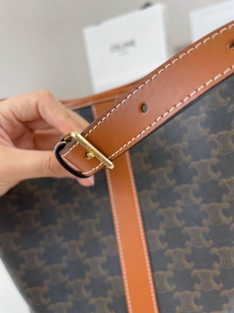 Celine Medium Bucket Bag In Triomphe Canvas and Calfskin - Image 7