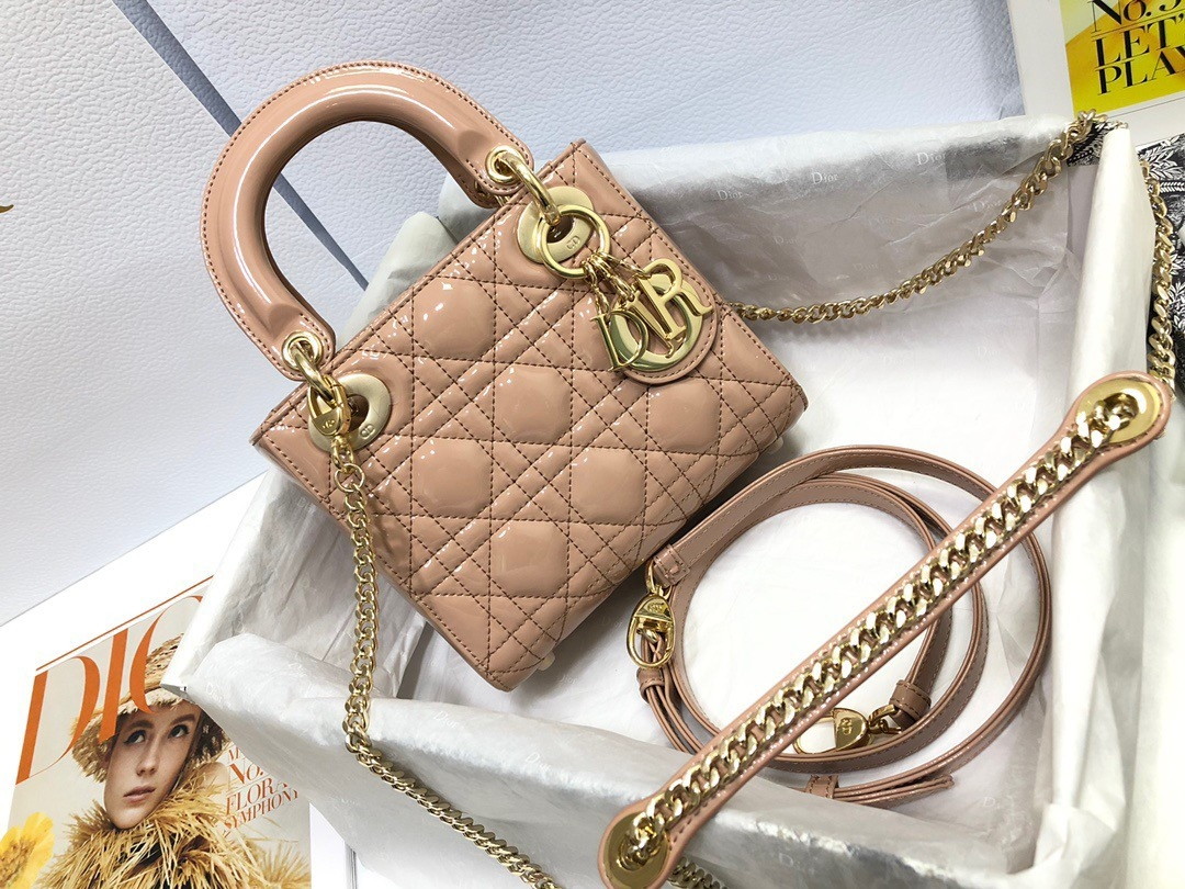 Dior Lady Dior Mini Chain Bag with Chain in Nude Patent Calfskin - Image 2