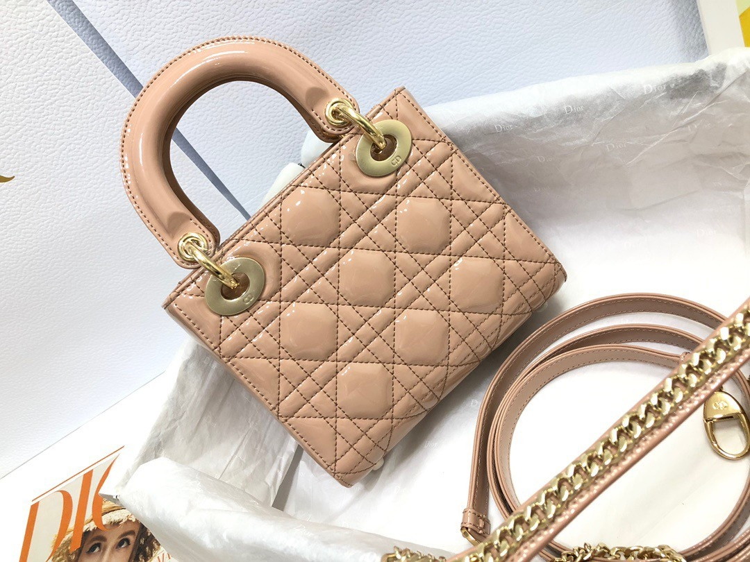 Dior Lady Dior Mini Chain Bag with Chain in Nude Patent Calfskin - Image 10