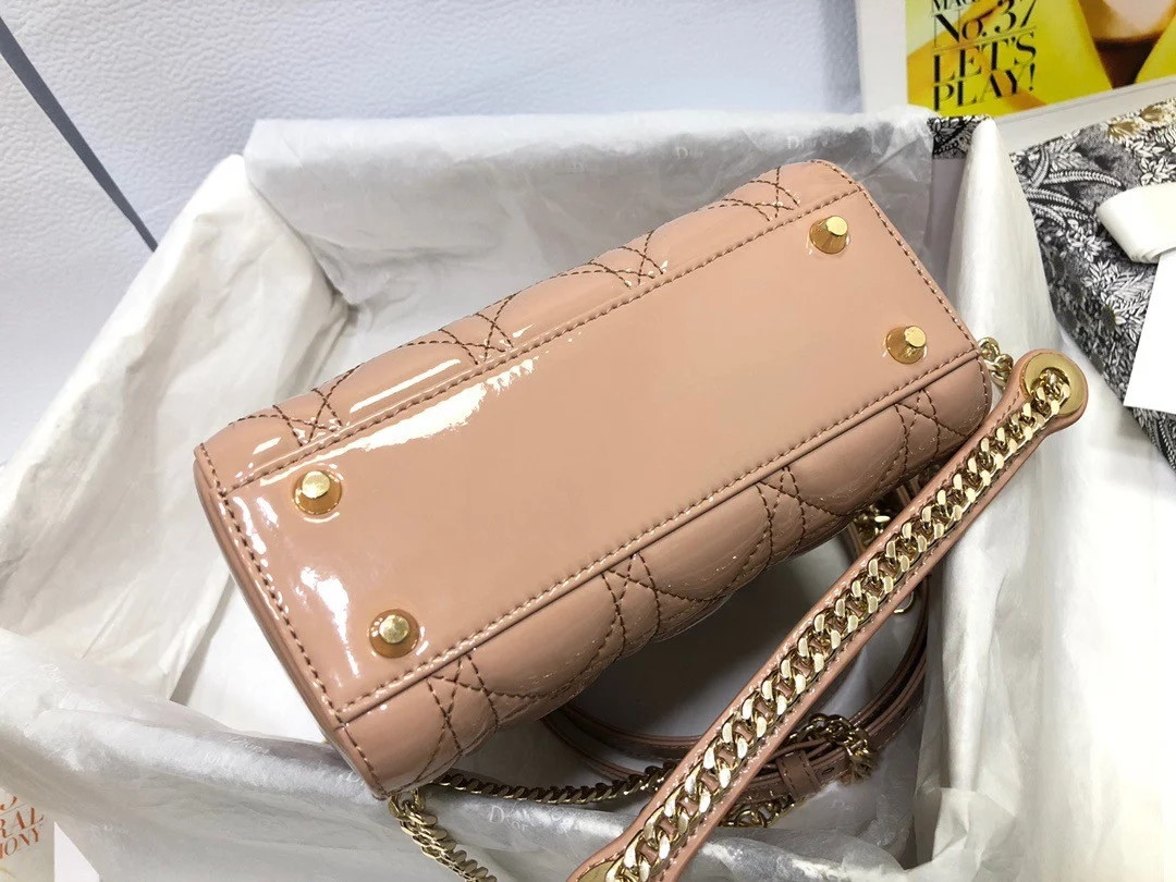 Dior Lady Dior Mini Chain Bag with Chain in Nude Patent Calfskin - Image 8