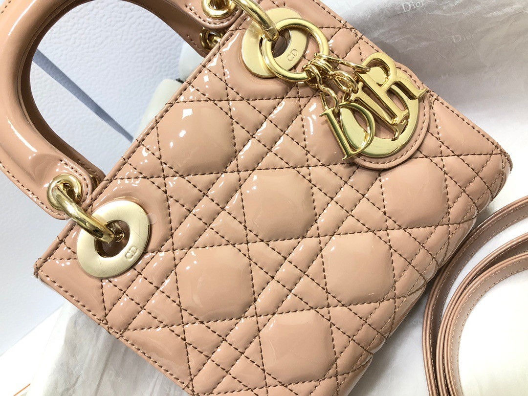 Dior Lady Dior Mini Chain Bag with Chain in Nude Patent Calfskin - Image 9
