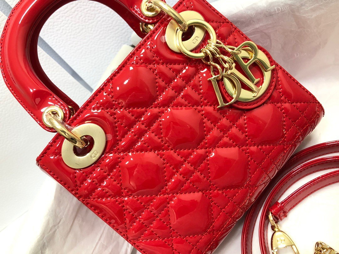 Dior Lady Dior Mini Chain Bag with Chain in Red Patent Calfskin - Image 10
